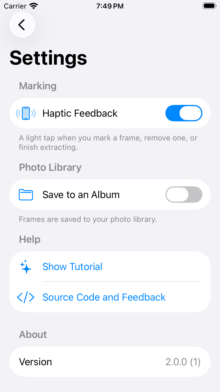 Settings: a grouped form with haptics, album saving, tutorial and version rows.