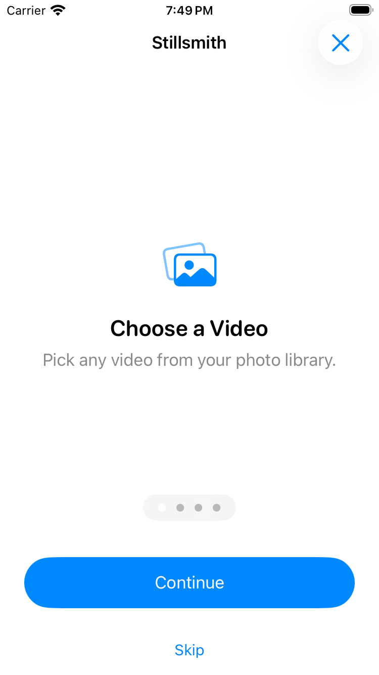 The first-run tour: a title, a short explanation, and a Continue button.